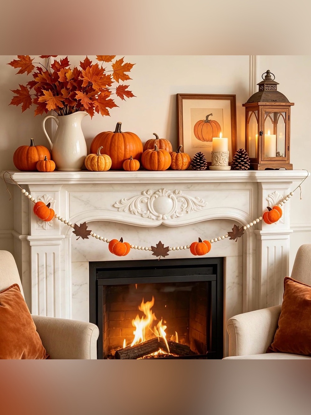 NWT 6.8 FT Fall Pumpkin Garland with Maple Leaves and Wood Beads